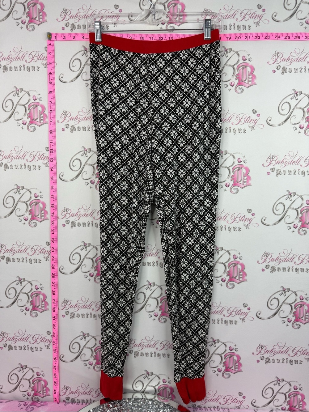 La Vie En Rose Black & White Patterned Pajama Pants with Red Waistband